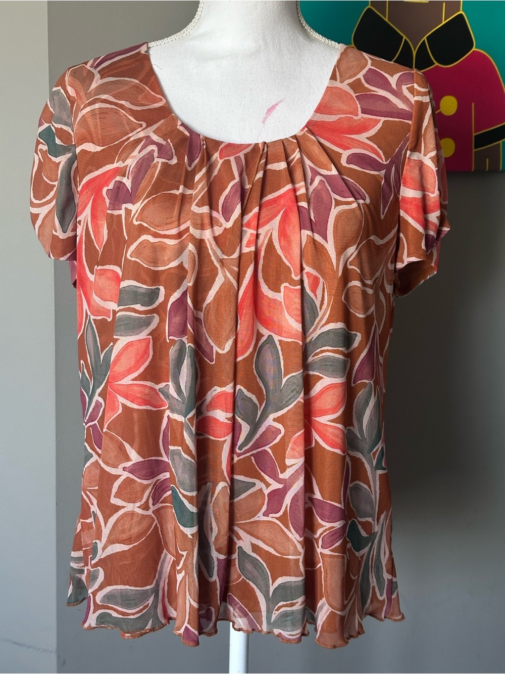 Daniel Rainn Meghan Floral Mesh Layered Pleated Short-Sleeve Blouse